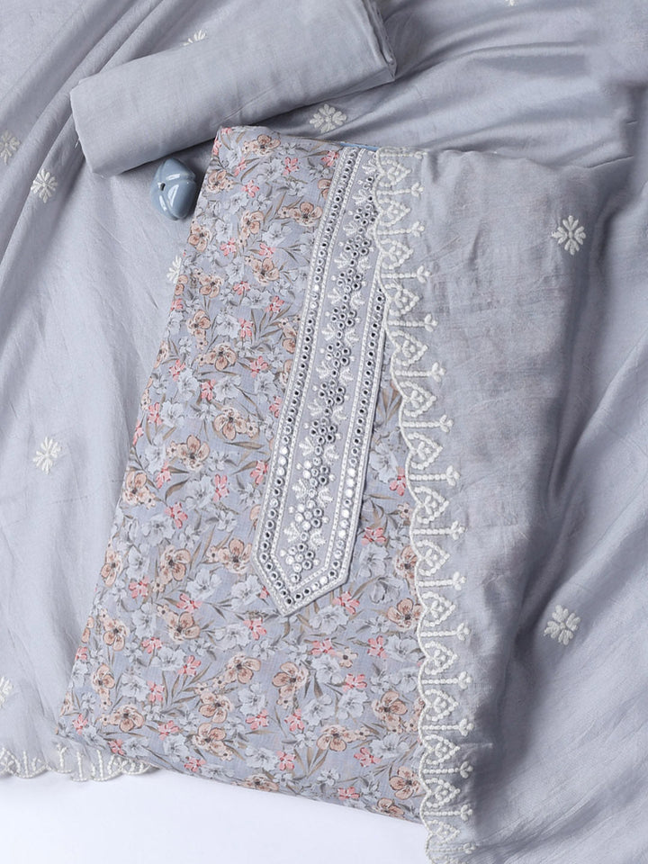 Printed Cotton Blend Unstitched Suit With Dupatta