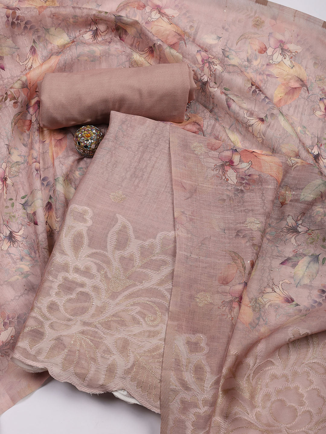 Embroidery Linen Unstitched Suit With Dupatta