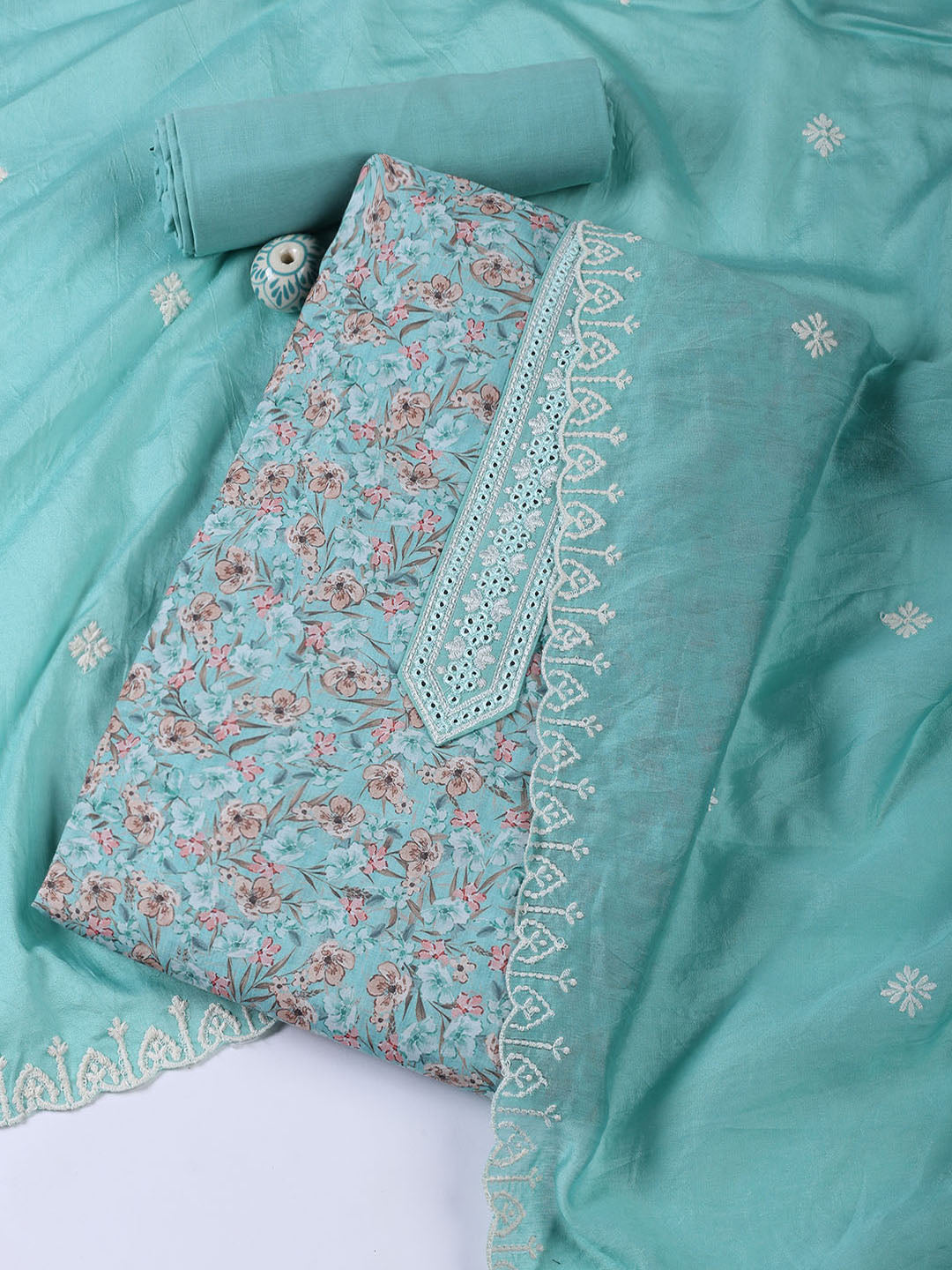 Printed Cotton Blend Unstitched Suit With Dupatta