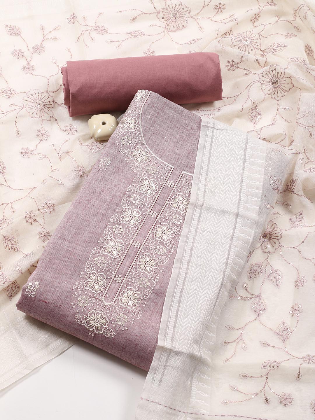 Neck Embroidered Cotton Blend Unstitched Suit Piece With Dupatta