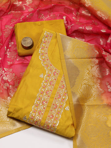 Neck Embroidery Chanderi Unstitched Suit Piece With Dupatta