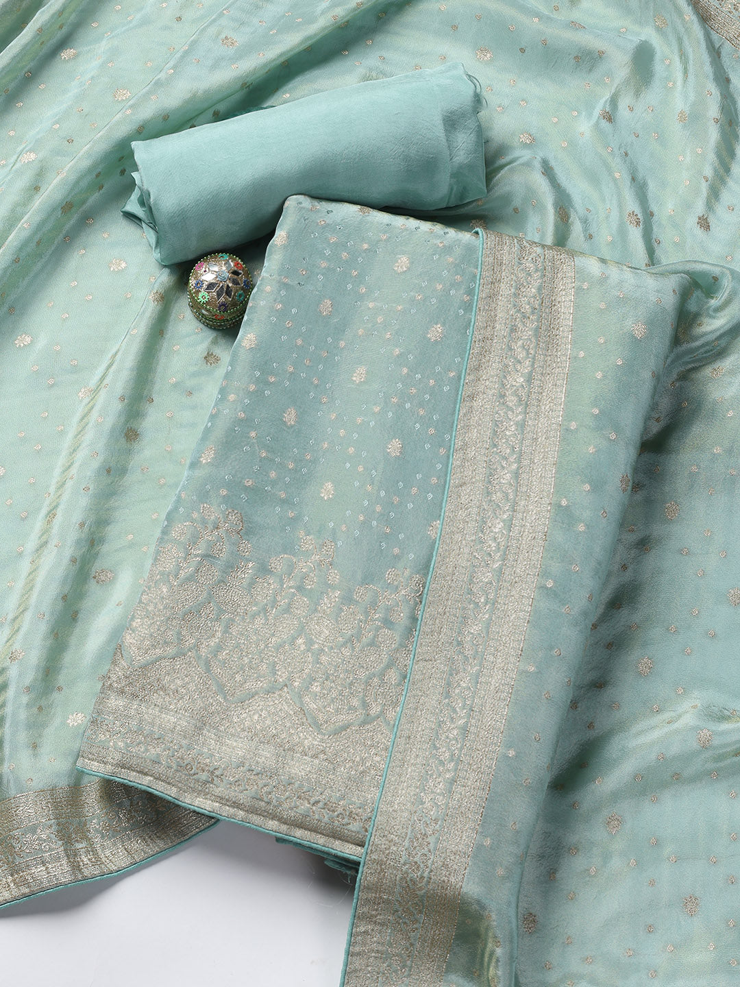 Embroidered Art Silk Unstitched Suit Piece With Dupatta