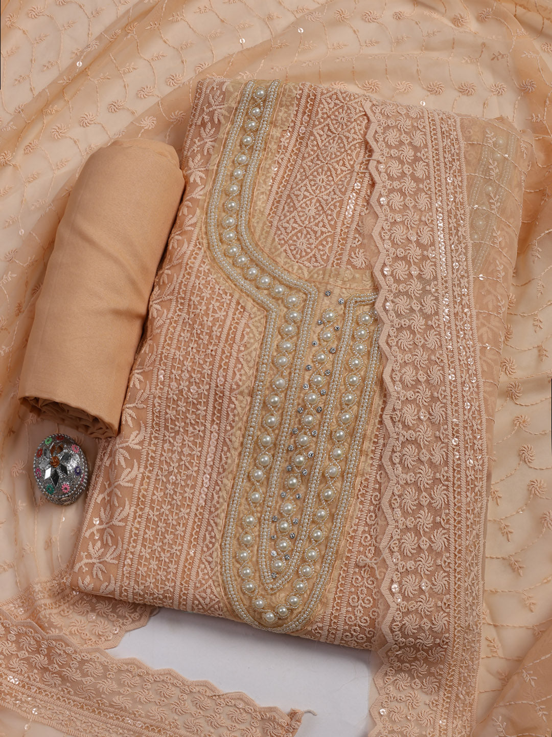 Chiken Work Georgette Unstitched Suit With Dupatta