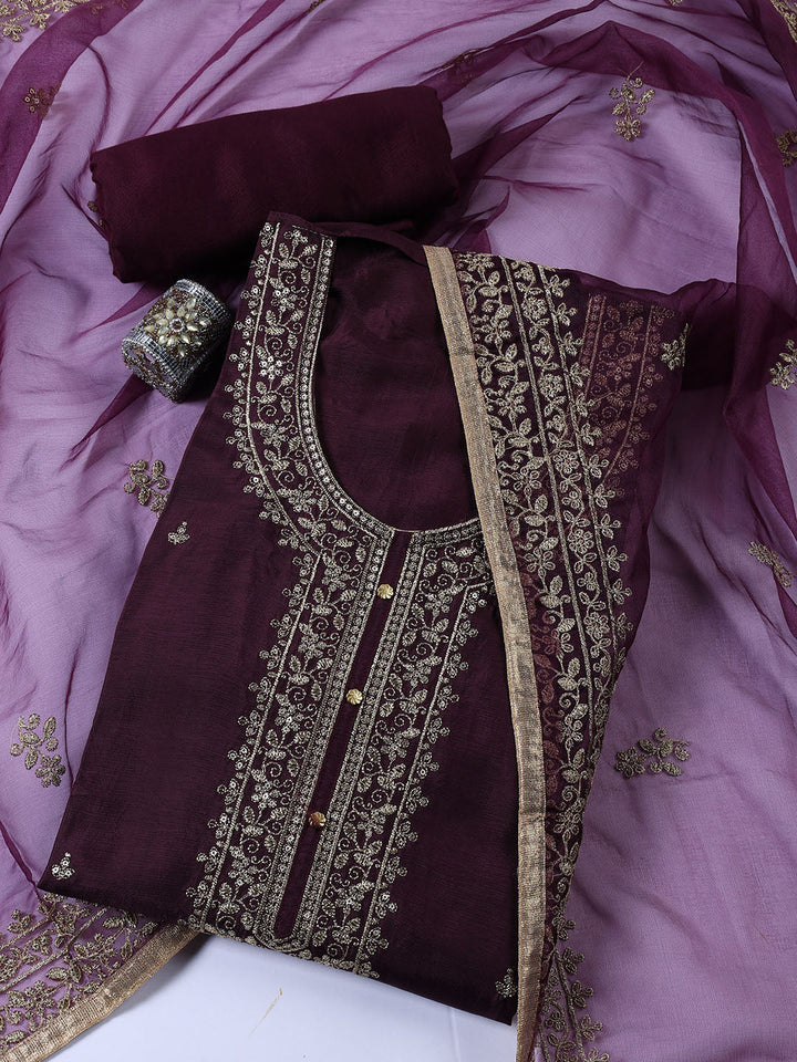 Neck Embroidered Chanderi Unstitched Suit With Dupatta