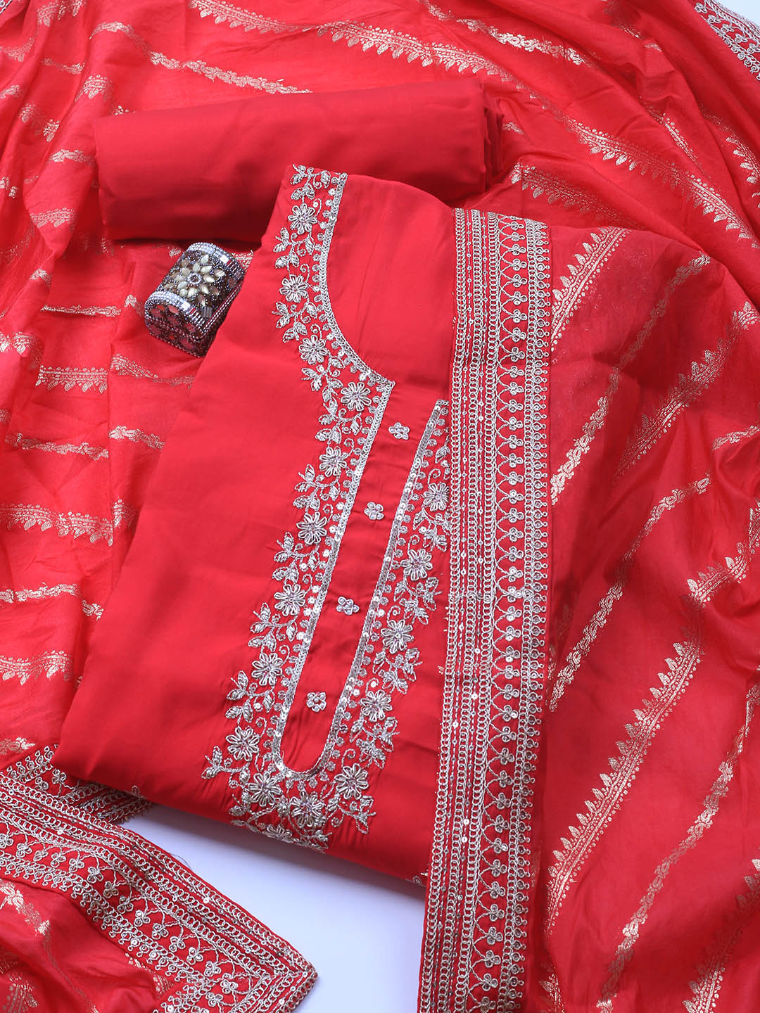 Neck Embroidery Chanderi Unstitched Suit With Dupatta