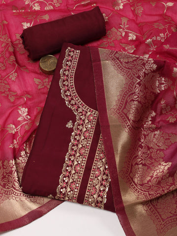 Neck Embroidery Chanderi Unstitched Suit Piece With Dupatta