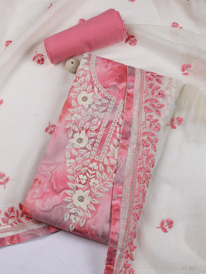 Neck Embroidered Cotton Blend Unstitched Suit Piece With Dupatta
