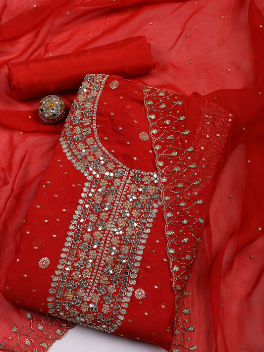 Neck Embroidered Organza Unstitched Suit With Dupatta