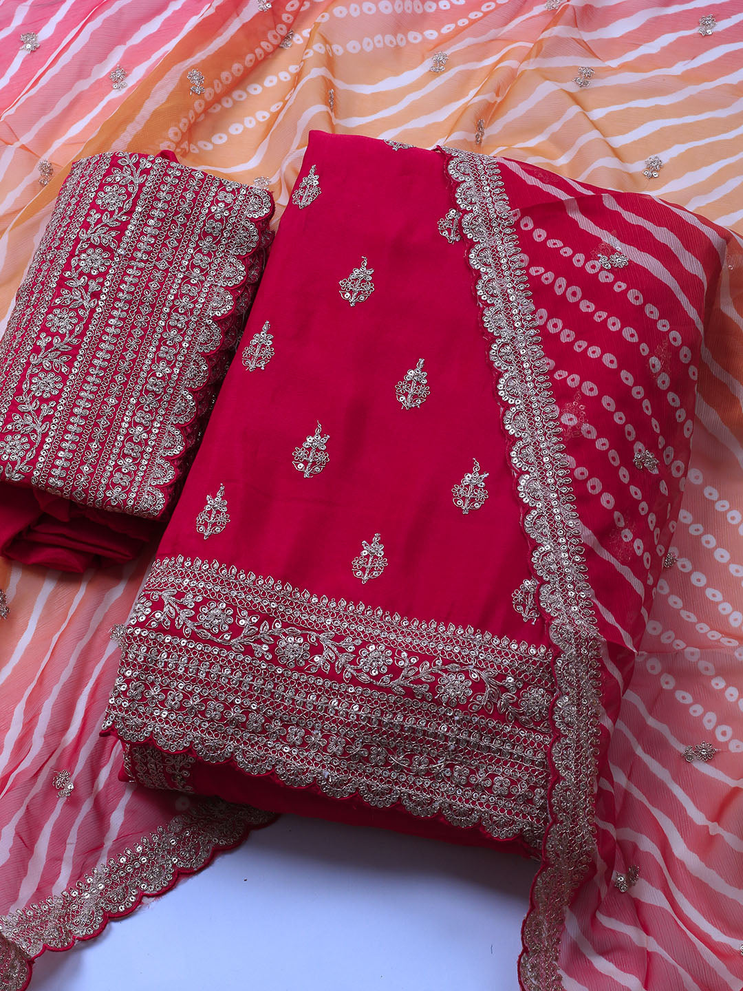 Embroidered Art Silk Unstitched Suit Piece With Dupatta
