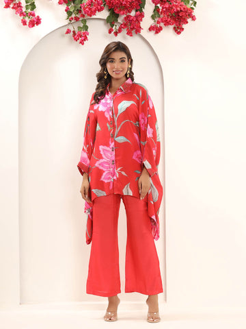 Floral Printed Muslin Kaftan Kurti With Pants