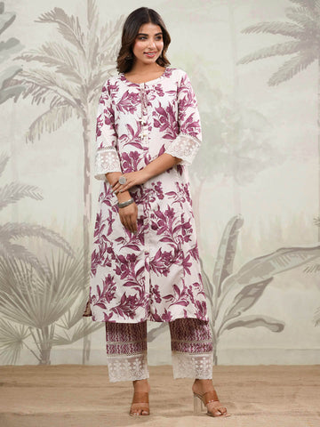 Floral Printed Cotton Kurta With Pants