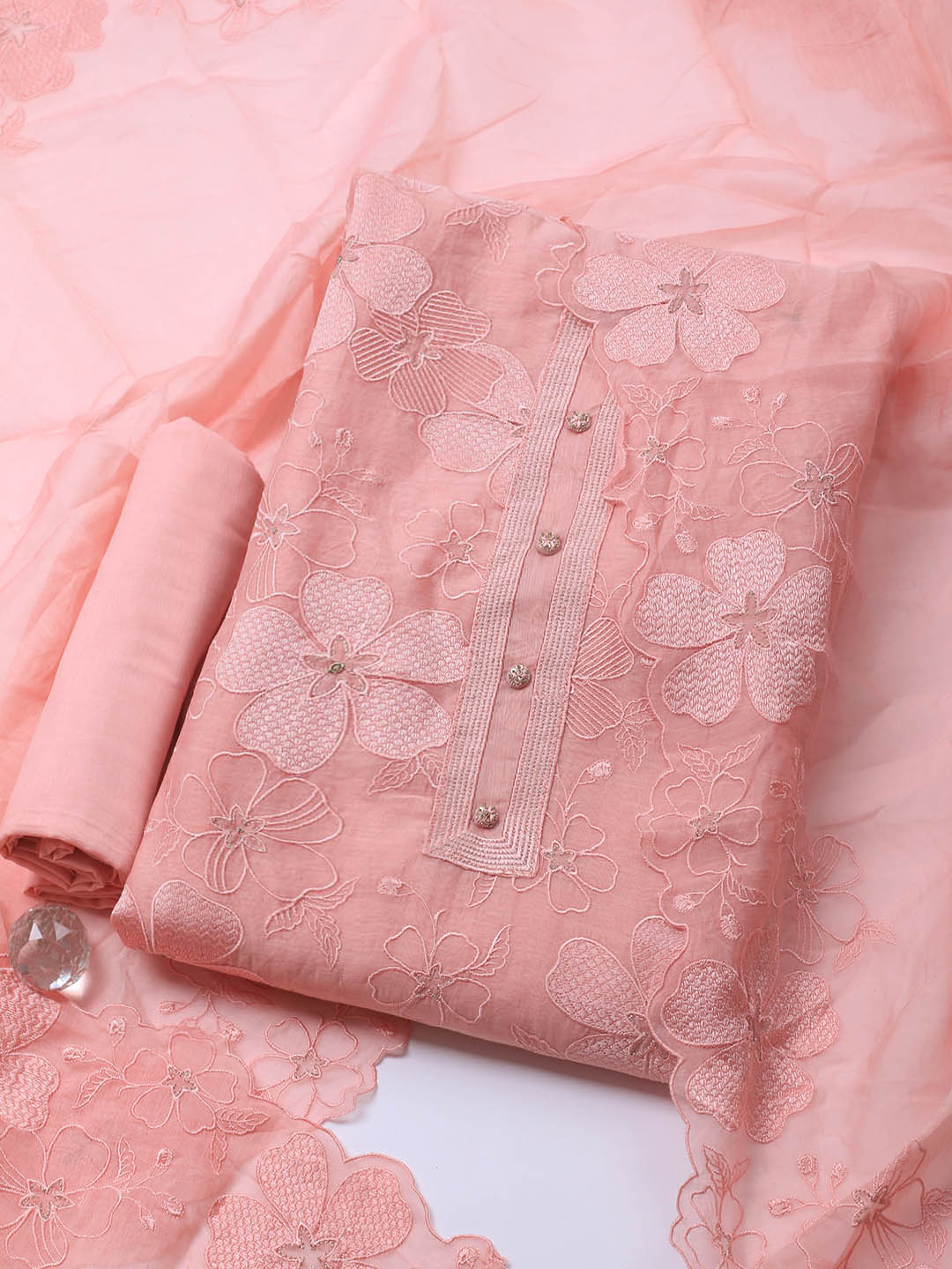 Embroidered Chanderi Unstitched Suit With Dupatta