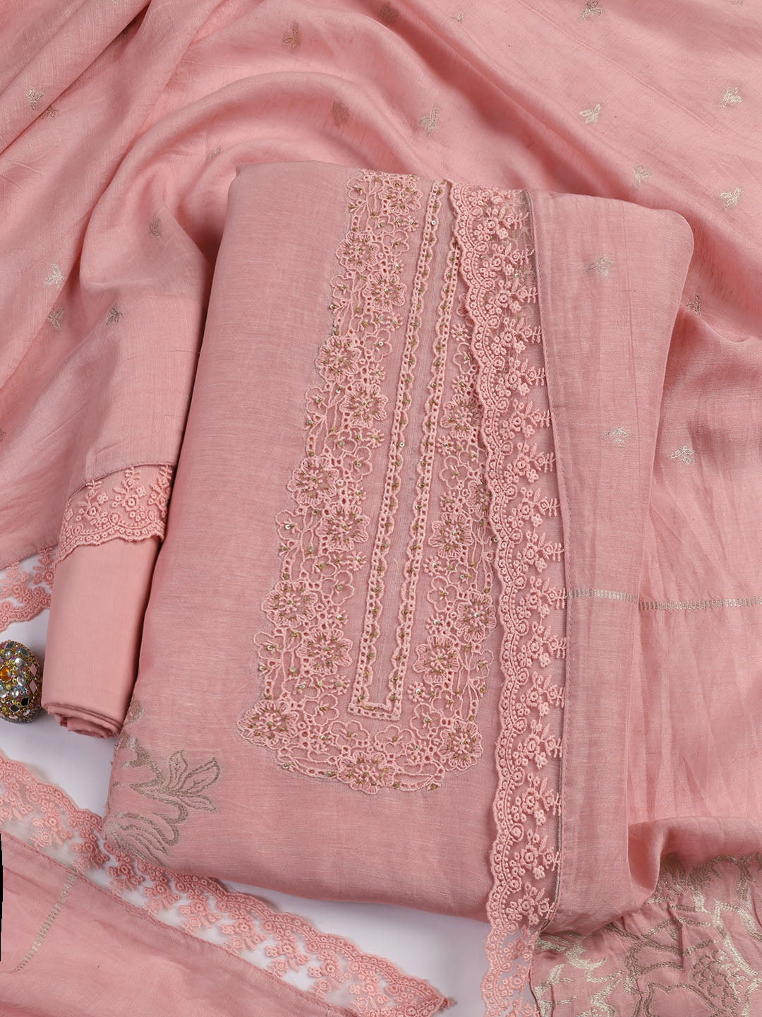 Embroidery Linen Unstitched Suit With Dupatta