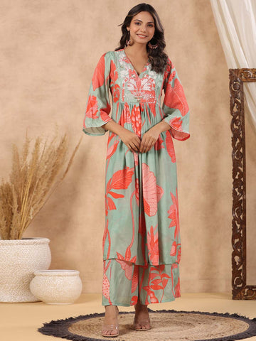 Floral Printed Muslin Kurta With Palazzo