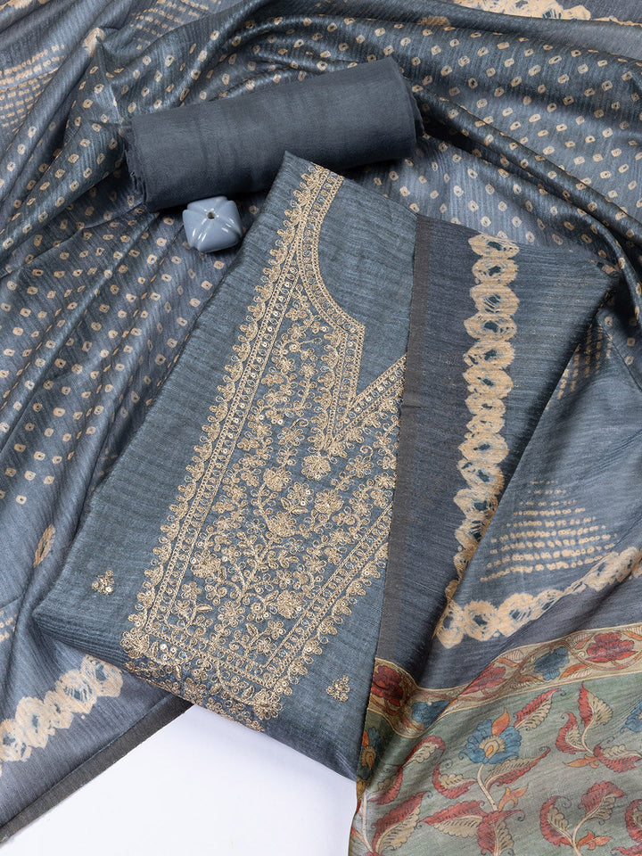 Neck Embroidered Tussar Unstitched Suit Piece With Dupatta