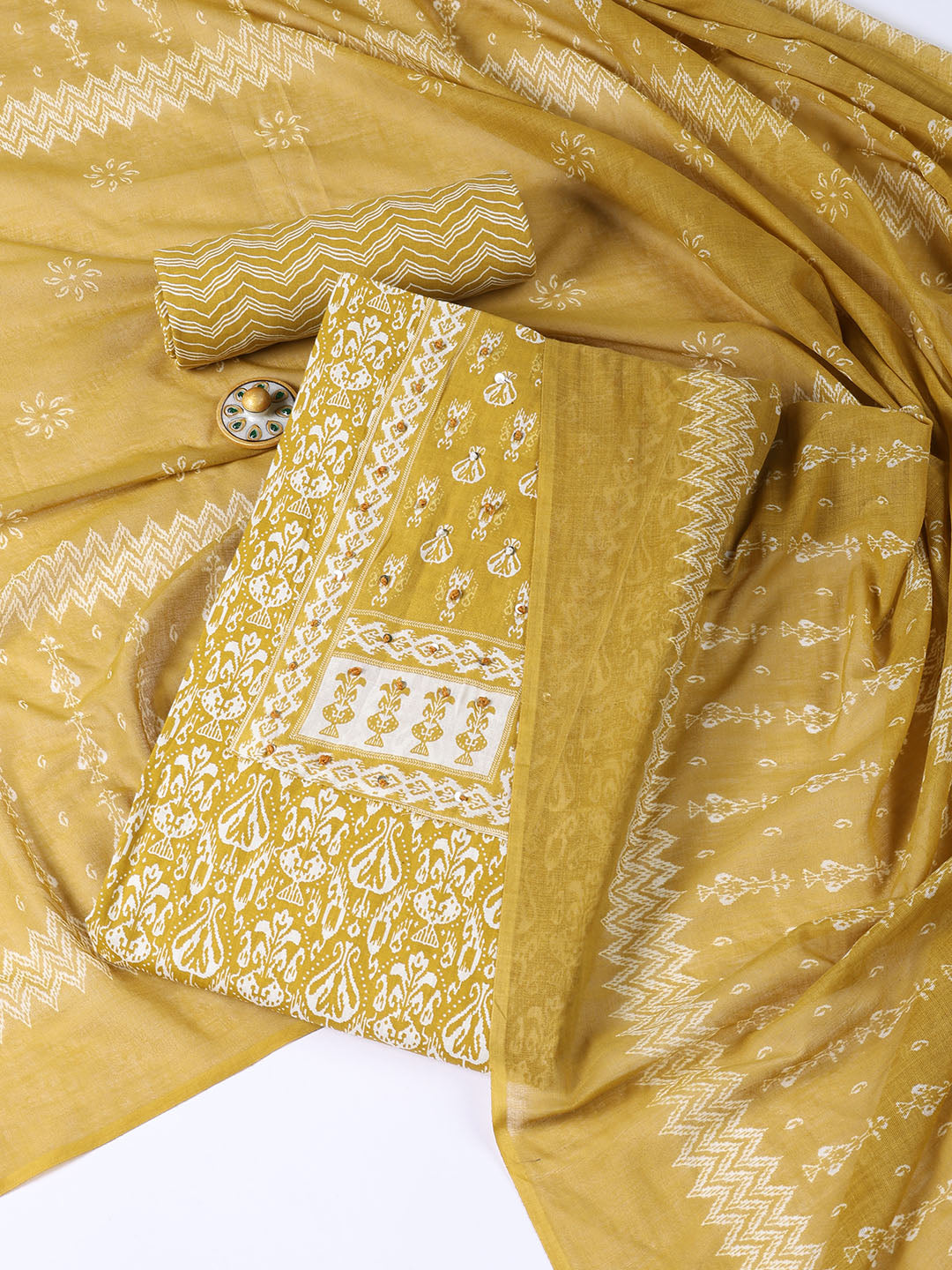 Printed Cotton Blend Unstitched Suit With Dupatta