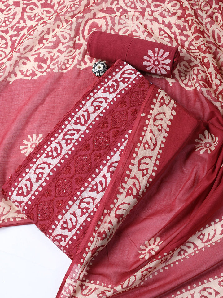 Printed Cotton Blend Unstitched Suit With Dupatta