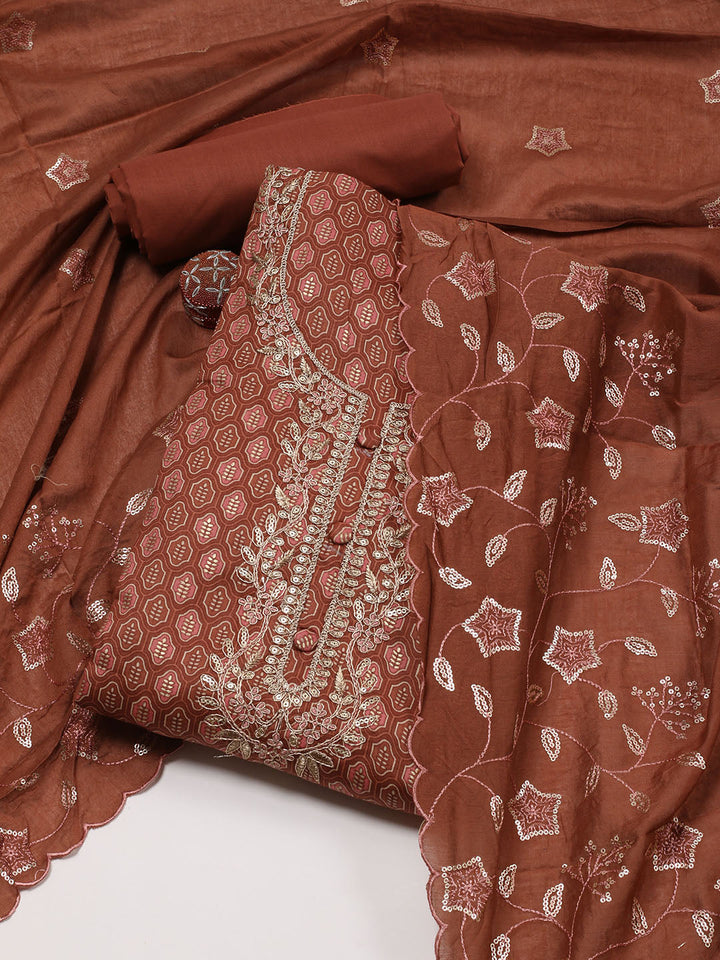 Neck Embroidered Cotton Blend Unstitched Suit Piece With Dupatta