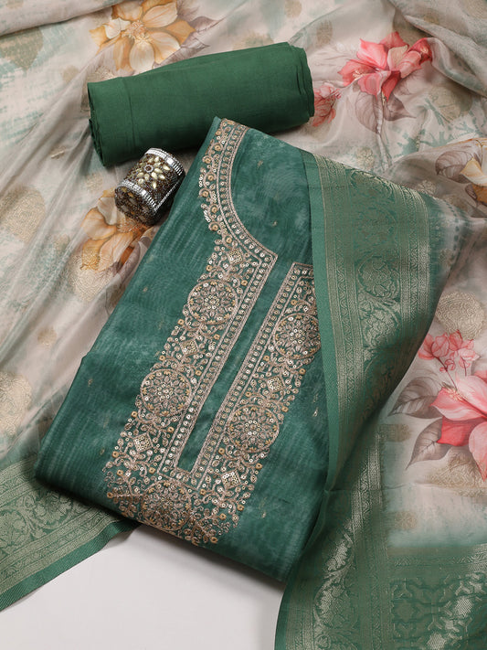 Neck Embroidered Chanderi Unstitched Suit Piece With Dupatta