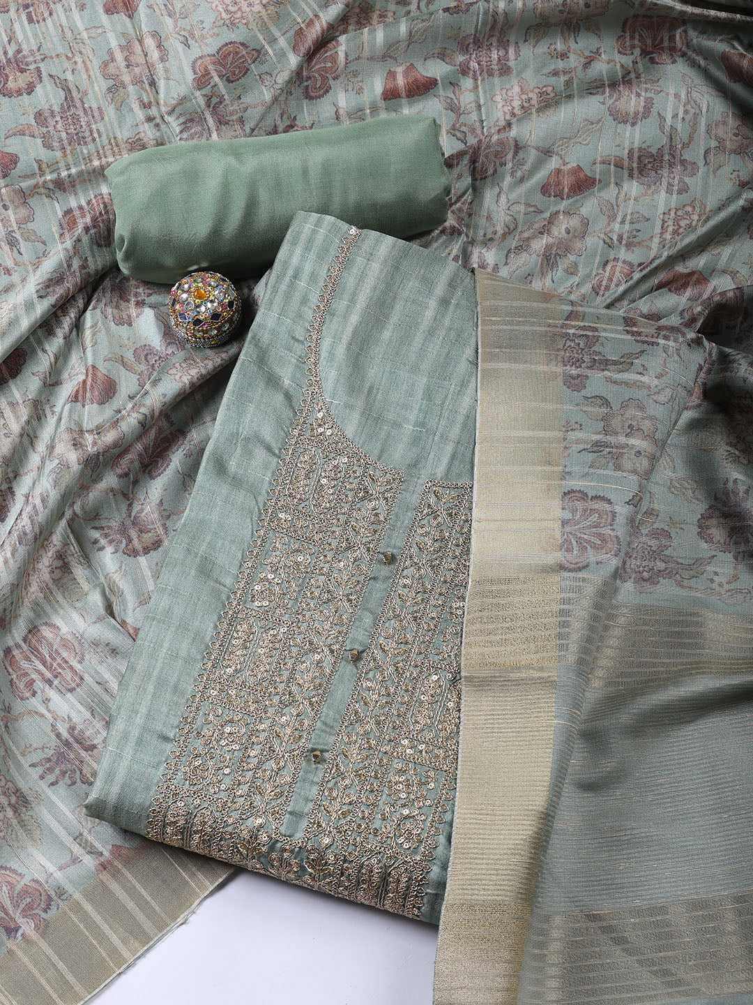 Neck Embroidered Tissue Unstitched Suit With Dupatta