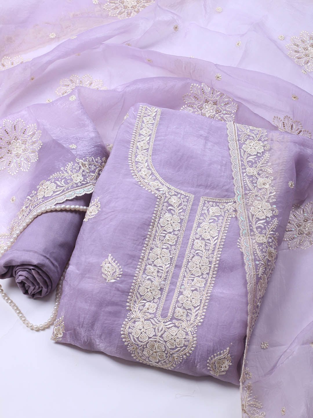 Neck Embroidery Organza Unstitched Suit Piece With Dupatta