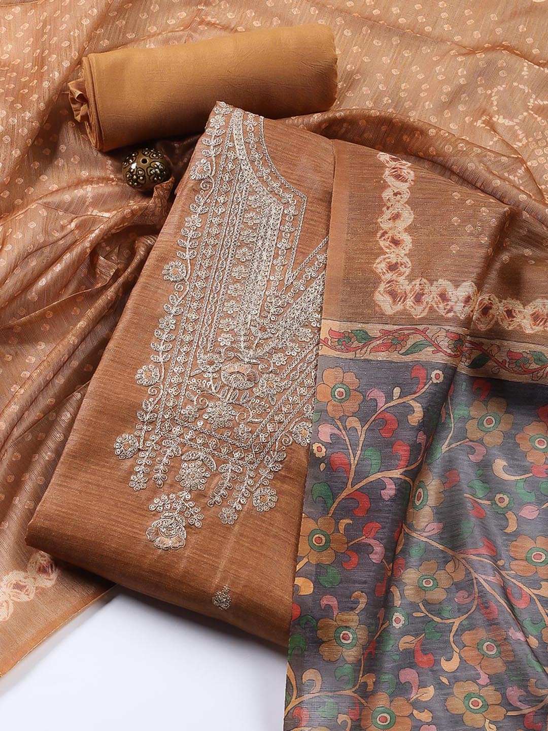 Neck Embroidered Tussar Unstitched Suit Piece With Dupatta