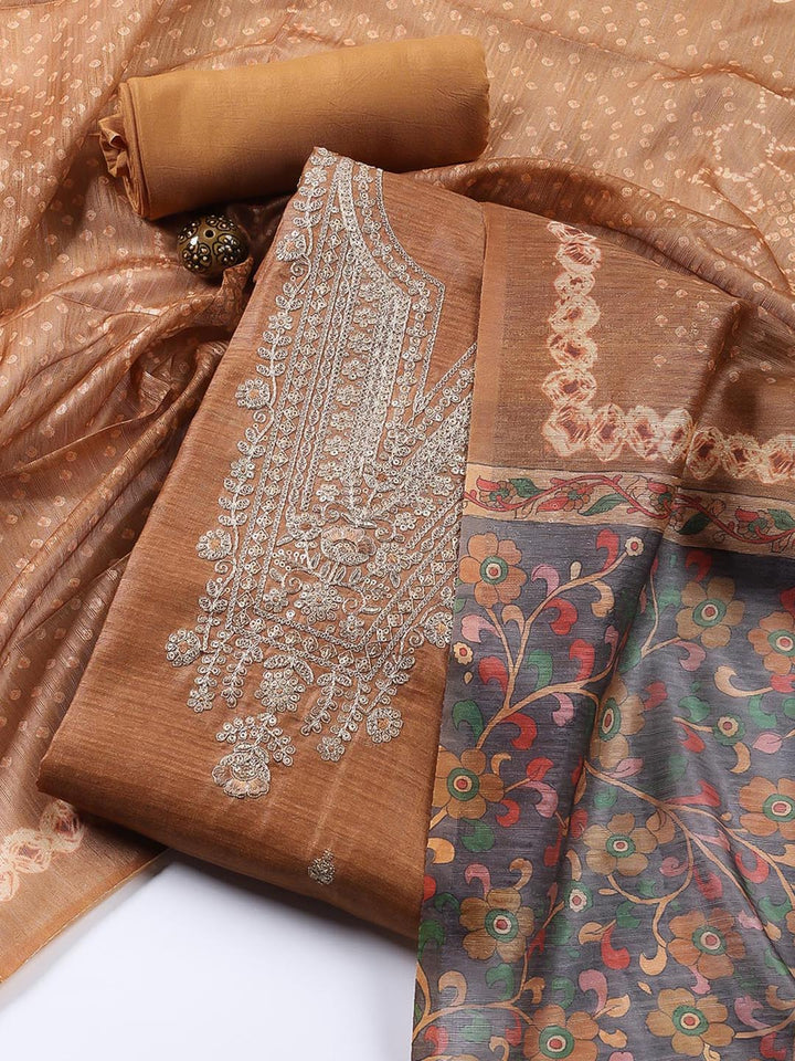 Neck Embroidered Tussar Unstitched Suit Piece With Dupatta