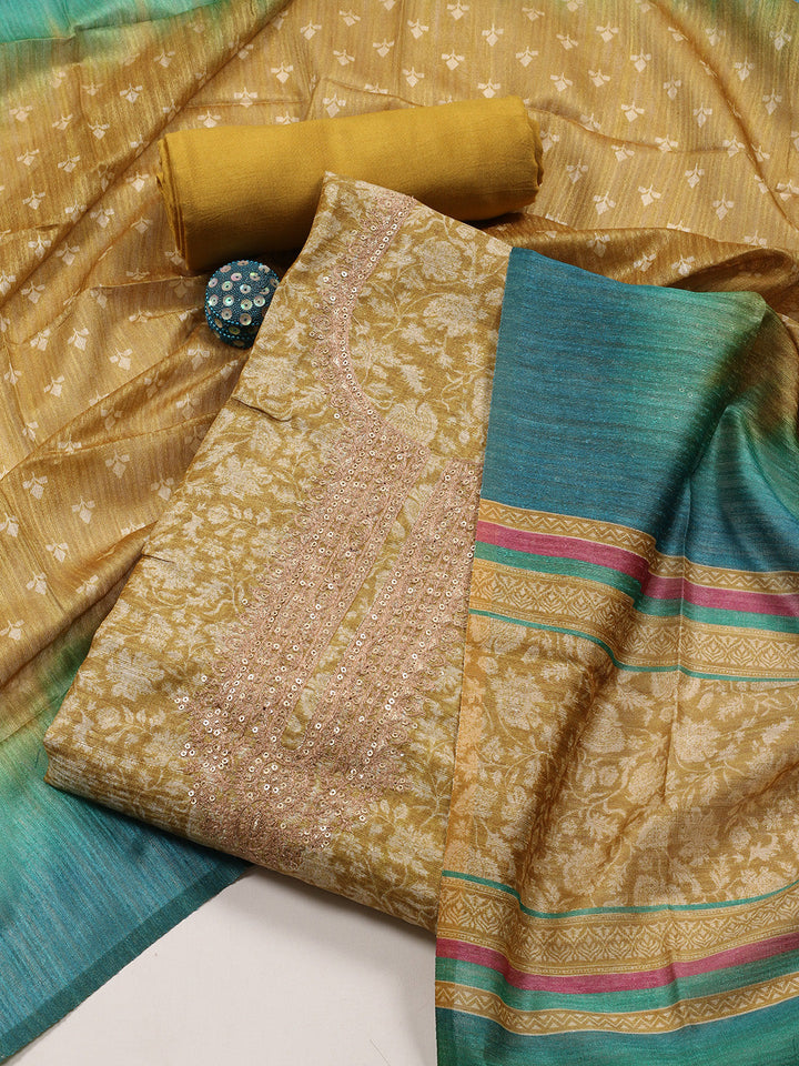 Zari Neck Embroidered Chanderi Unstitched Suit With Dupatta