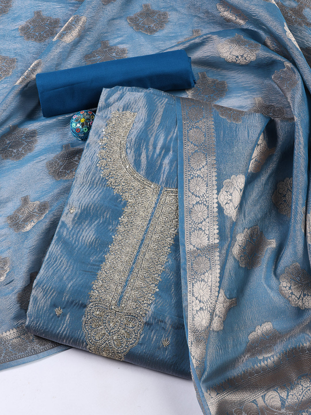 Neck Embroidered Tissue Unstitched Suit Piece With Dupatta