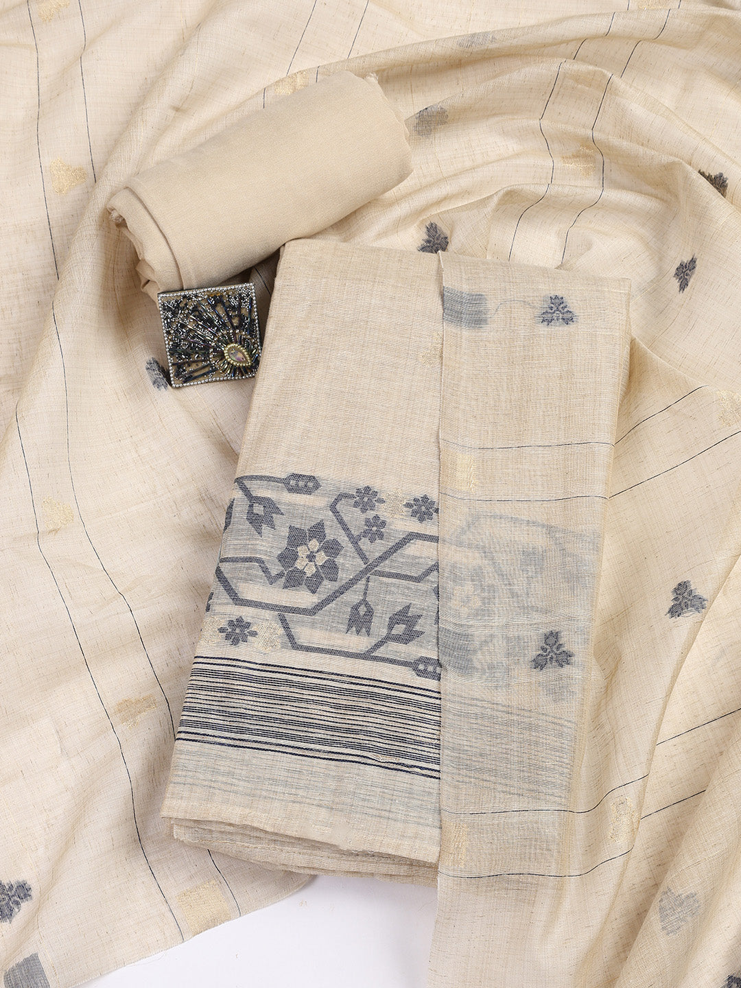 Embroidered Cotton Blend Unstitched Suit Piece With Dupatta