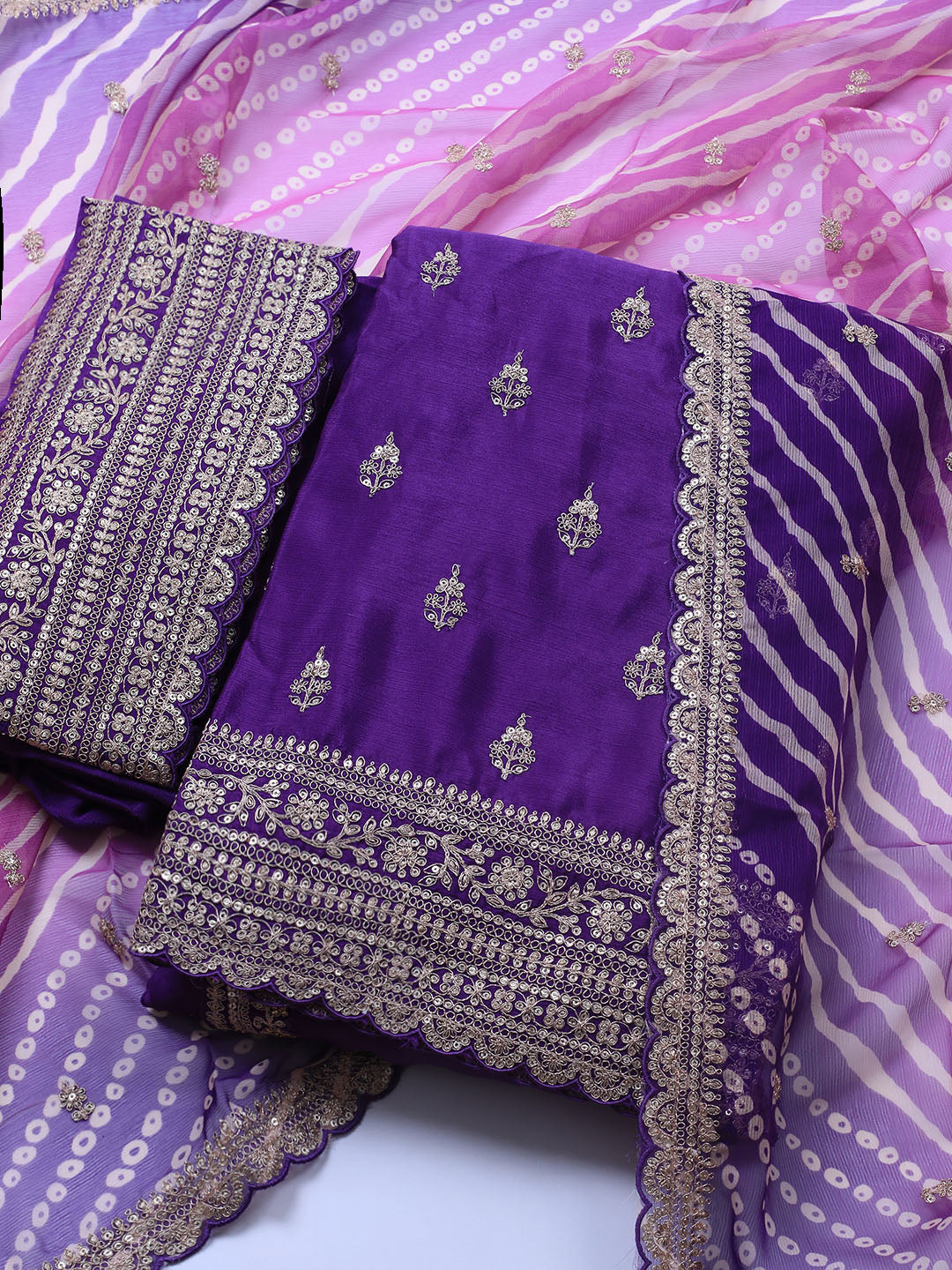 Embroidered Art Silk Unstitched Suit Piece With Dupatta