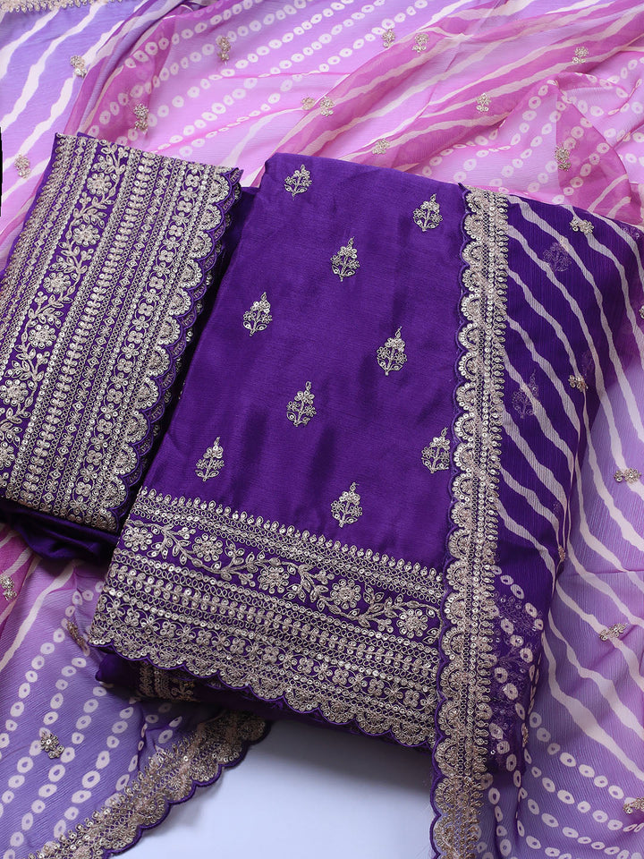 Embroidered Art Silk Unstitched Suit Piece With Dupatta