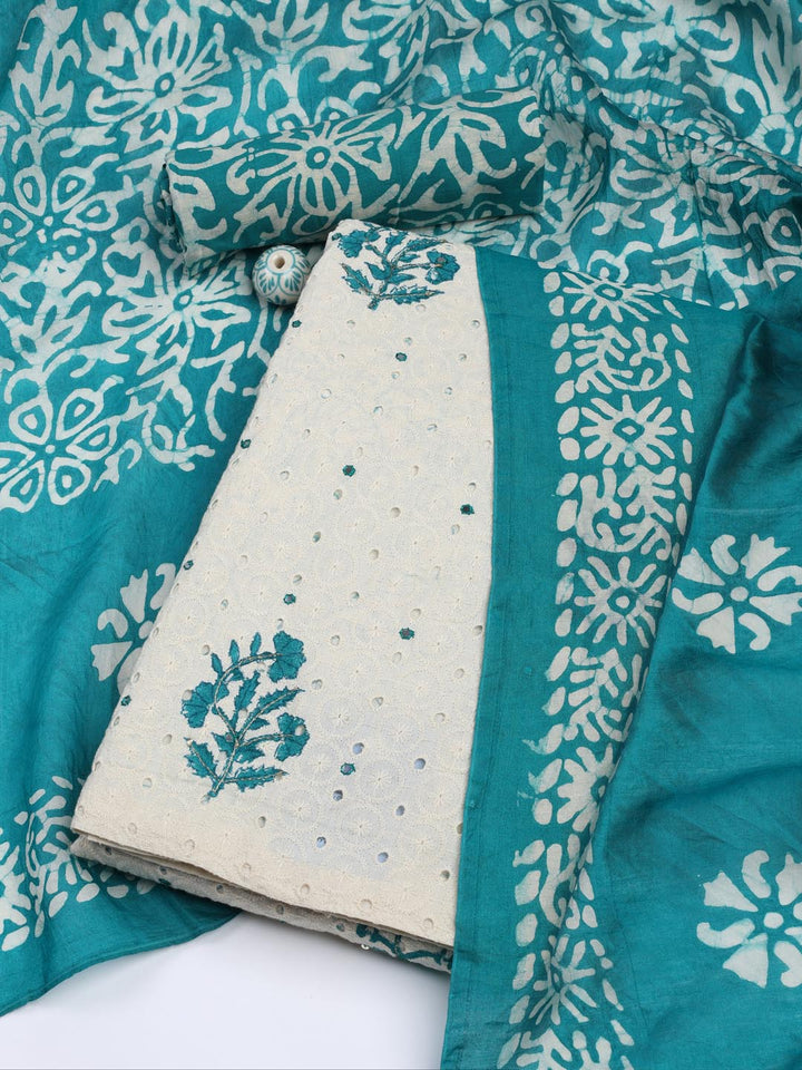 Schiffli Embroidery Cotton Blend Unstitched Suit With Dupatta