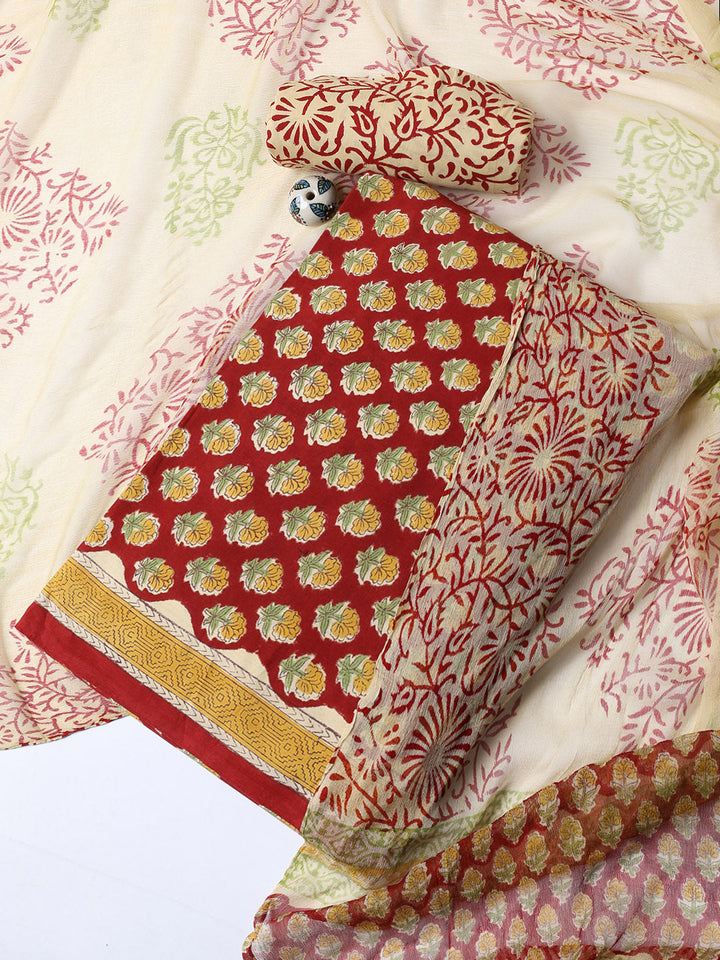 Printed Cotton Blend Unstitched Suit With Dupatta