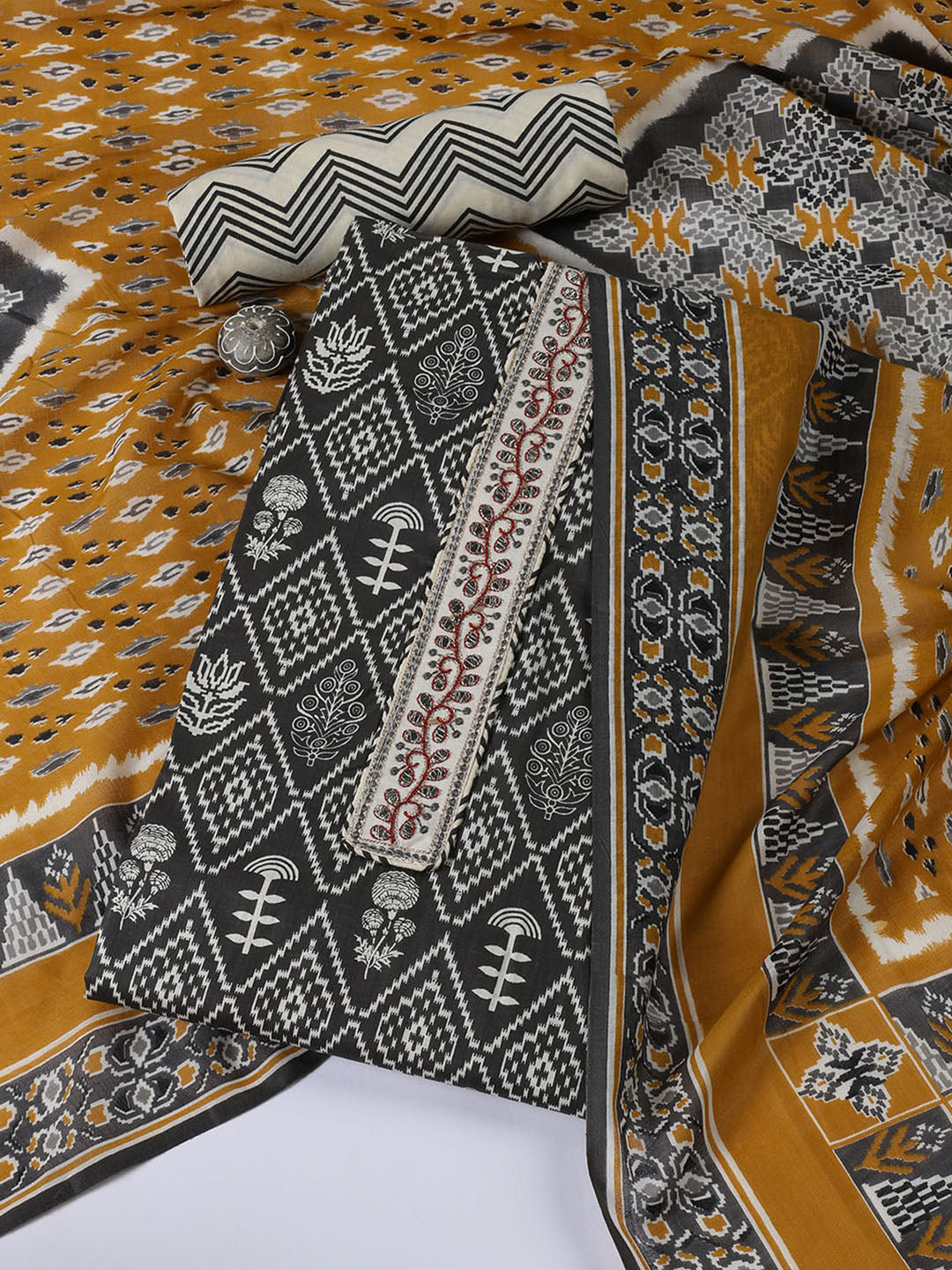 Neck Patti Cotton Blend Unstitched Suit With Dupatta