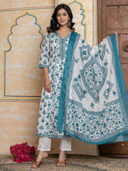 Printed Cotton Blend Kurta With Pants & Dupatta