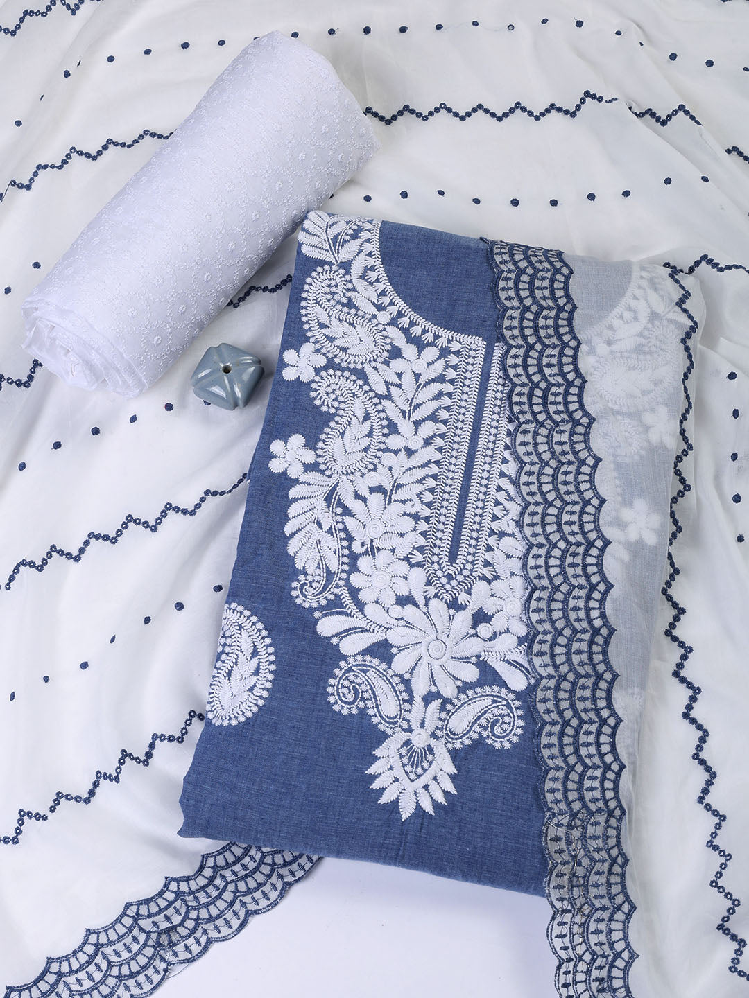 Neck Embroidered Cotton Blend Unstitched Suit With Dupatta