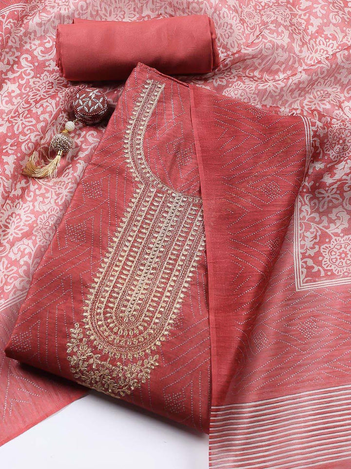 Neck Embroidered Tussar Unstitched Suit Piece With Dupatta