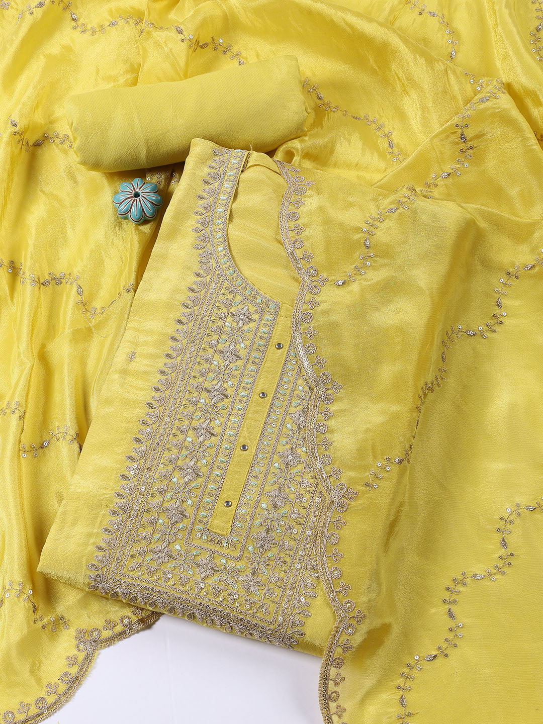 Neck Embroidered Tissue Unstitched Suit With Dupatta