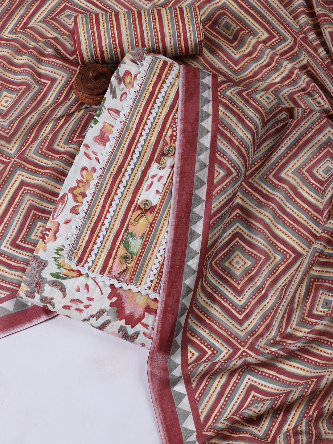 Neck Patti Cotton Blend Unstitched Suit With Dupatta
