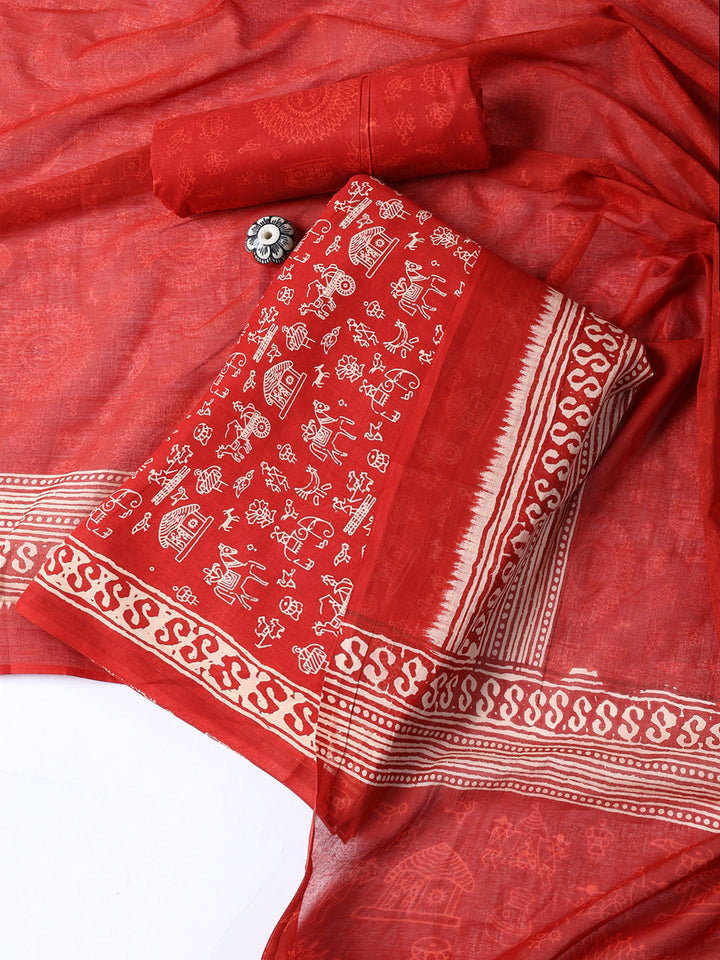 Printed Cotton Blend Unstitched Suit With Dupatta