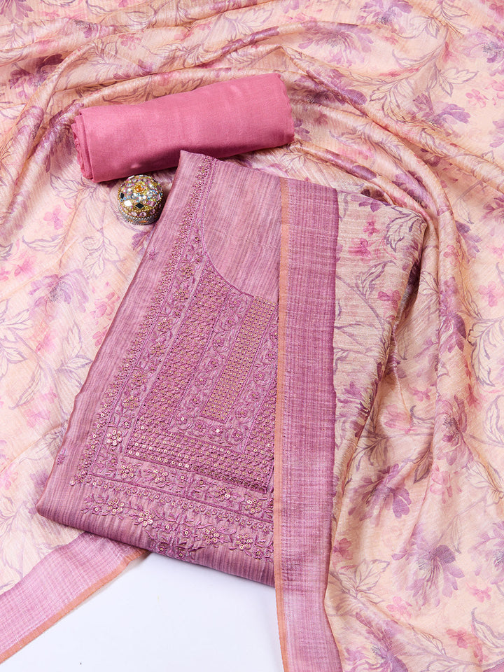 Neck Embroidered Chanderi Unstitched Suit With Dupatta
