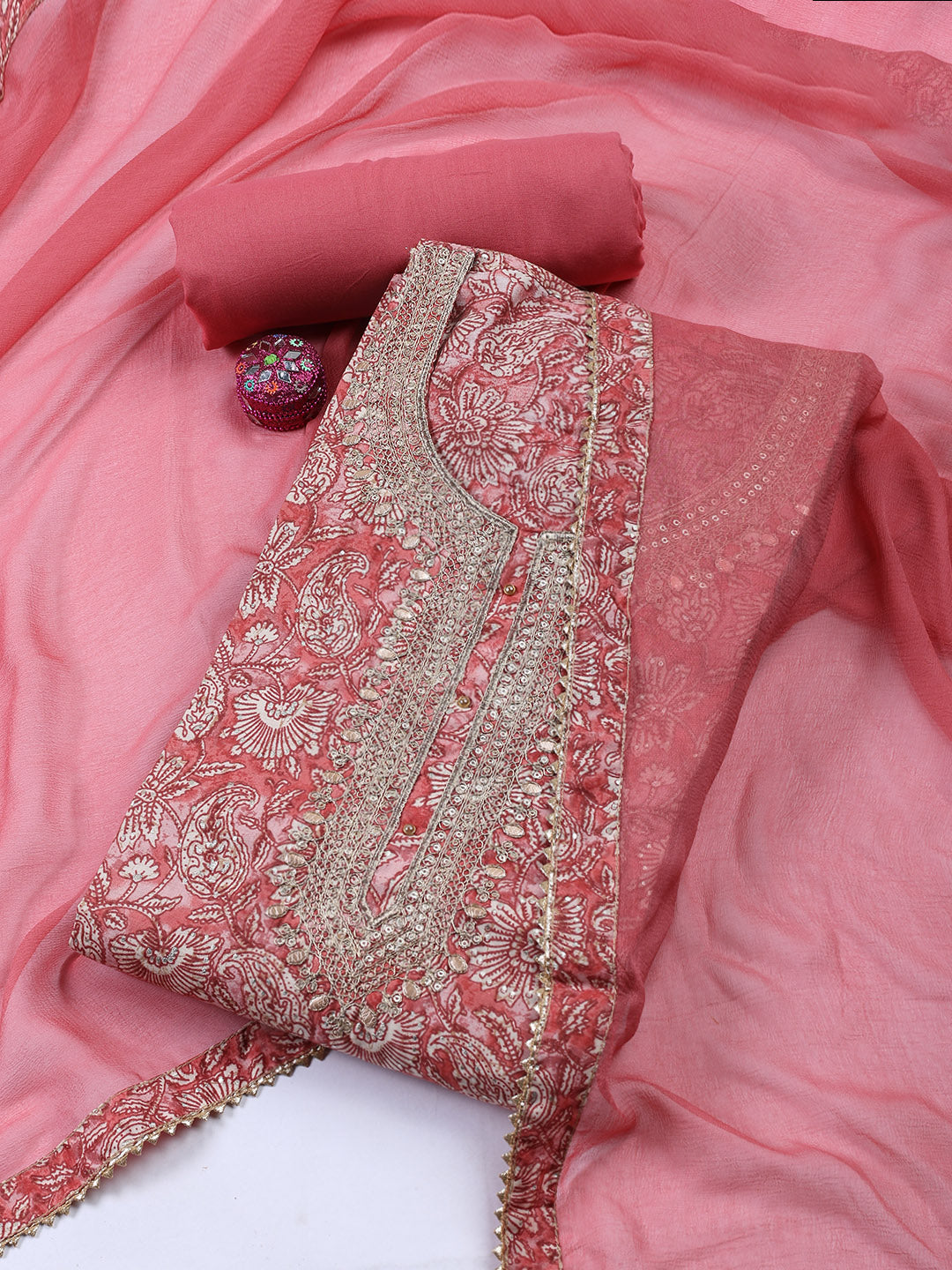 Neck Embroidered Cotton Blend Unstitched Suit With Dupatta
