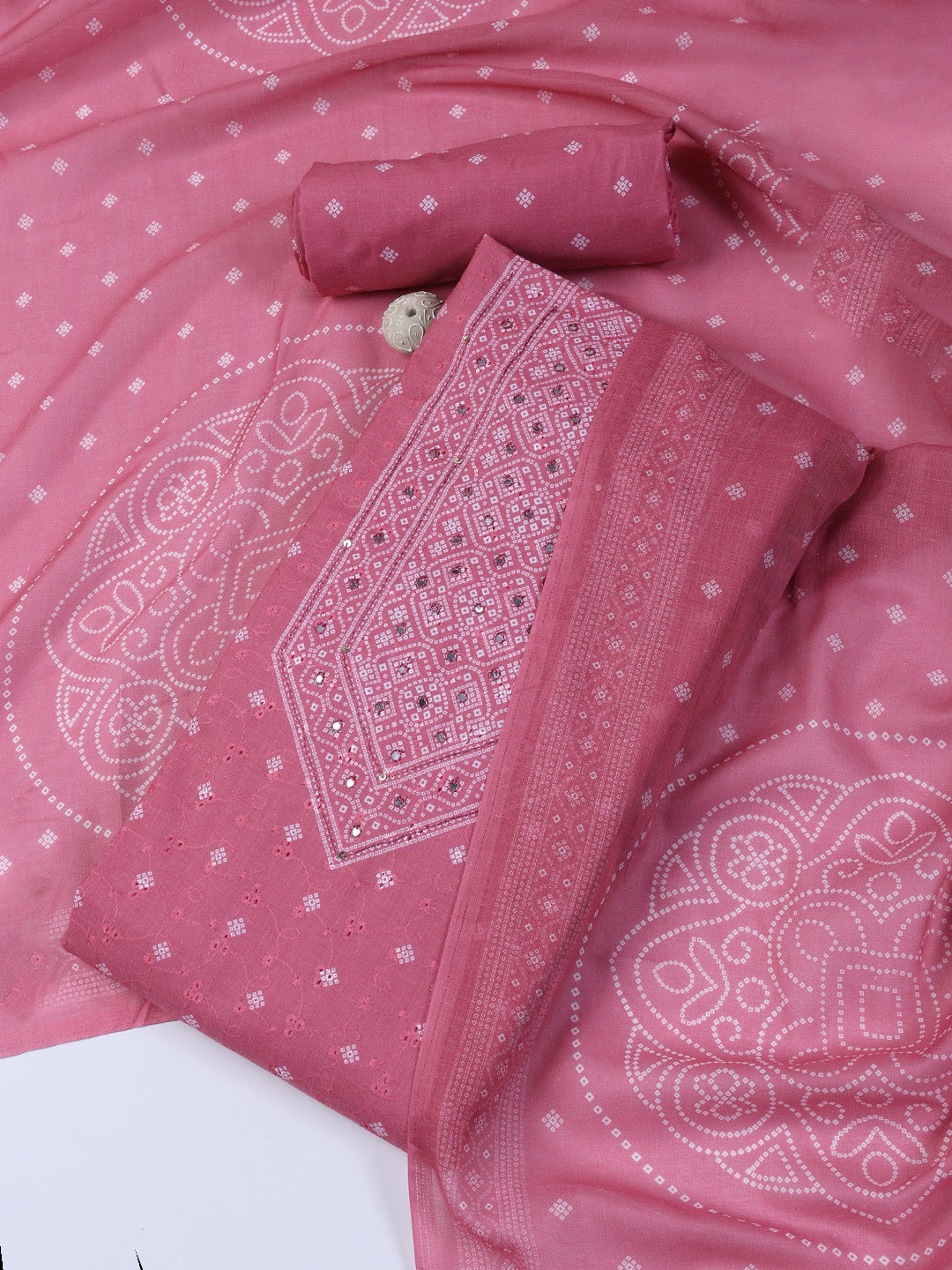 Neck Work Cotton Blend Unstitched Suit With Dupatta
