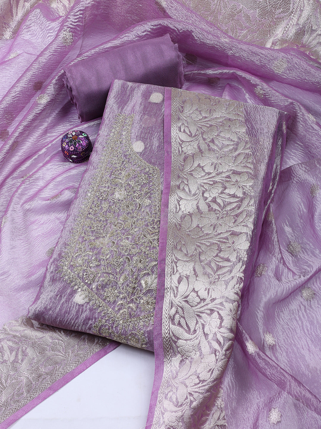 Neck Embroidered Tissue Unstitched Suit Piece With Dupatta
