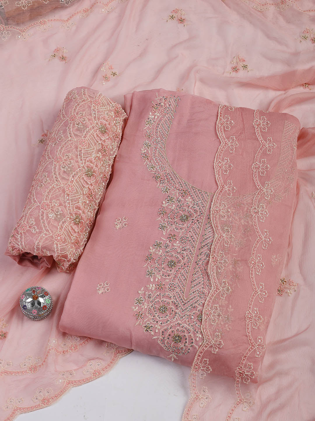 Embroidered Chanderi Unstitched Suit Piece With Dupatta