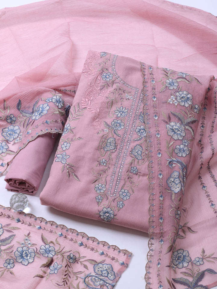 Embroidery Linen Unstitched Suit With Dupatta