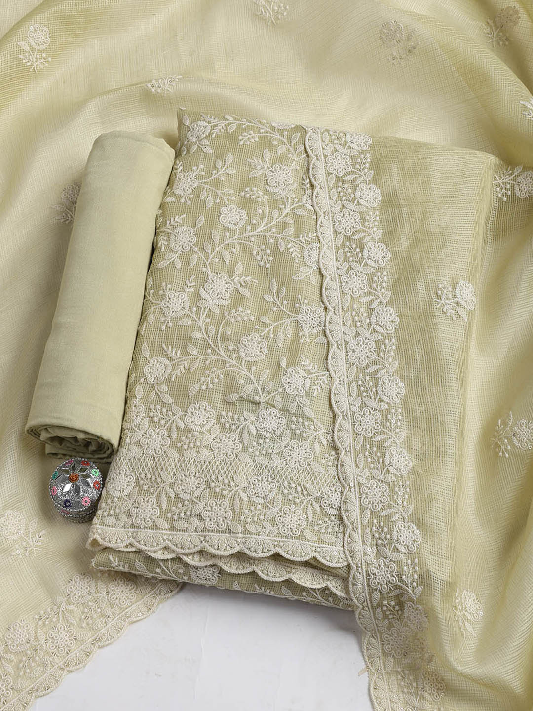 Embroidered Cotton Blend Unstitched Suit Piece With Dupatta