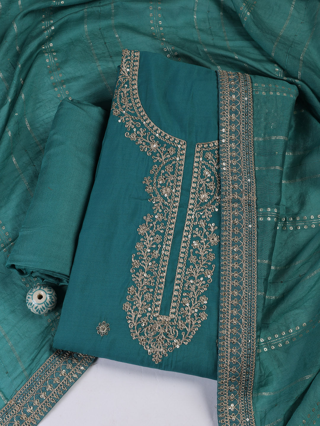 Neck Embroidery Chanderi Unstitched Suit With Dupatta