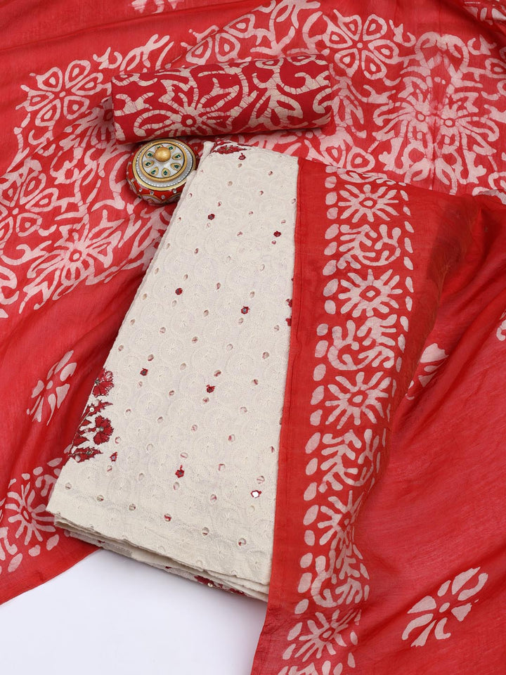 Schiffli Embroidery Cotton Blend Unstitched Suit With Dupatta